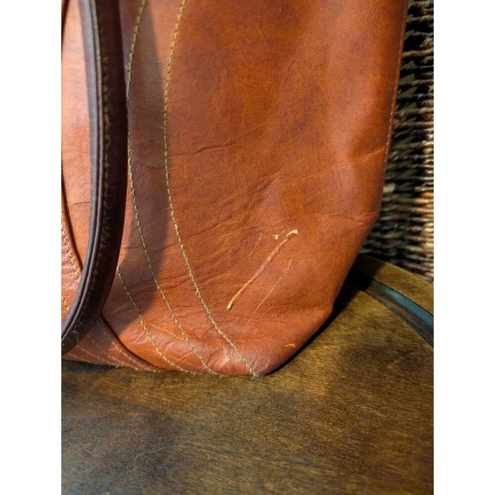 Vintage Leather Tote Bag Brown Double Handle Shoulder Purse 70s Boho Retro Large - Picture 3 of 13